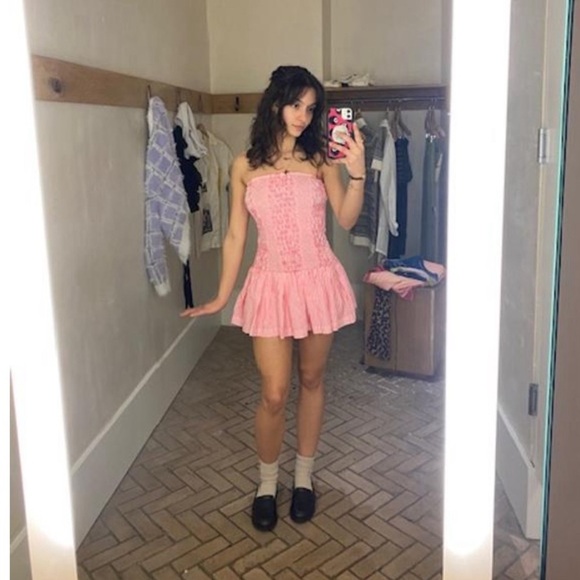 NWT! Anthropologie Pink Celandine Strapless Drop-Waist Mini Romper - Size XL 🟤 - Picture 5 of 8